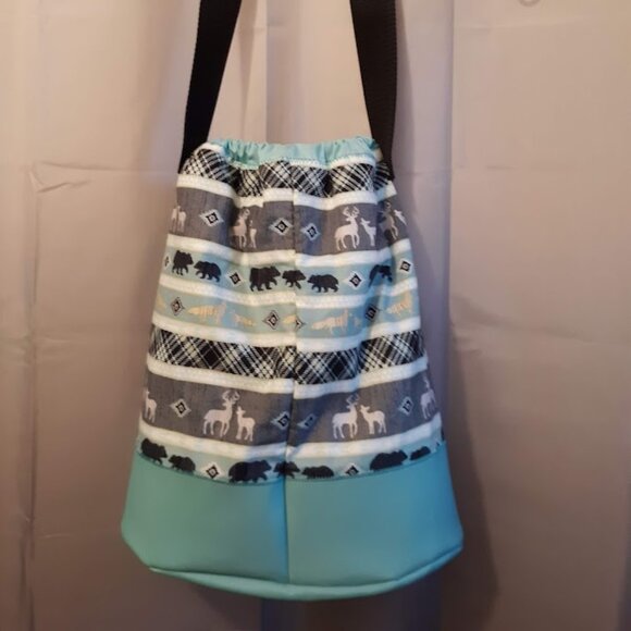 New Western Bucket Tote Sling Bag Bear Deer Print Aqua Black Large Oval carryall - Picture 6 of 8